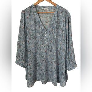 Rose & Olive Pin Tuck Blue Floral Semi Sheer 3/4 Sleeve  Blouse Bohemian Sz 2X